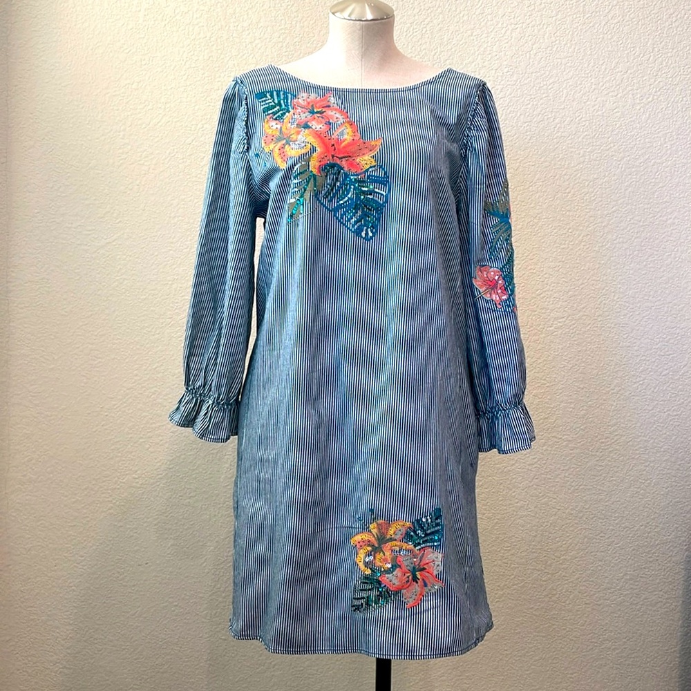 Medium chambray striped dress. EUC. Embroidery and sequin detail